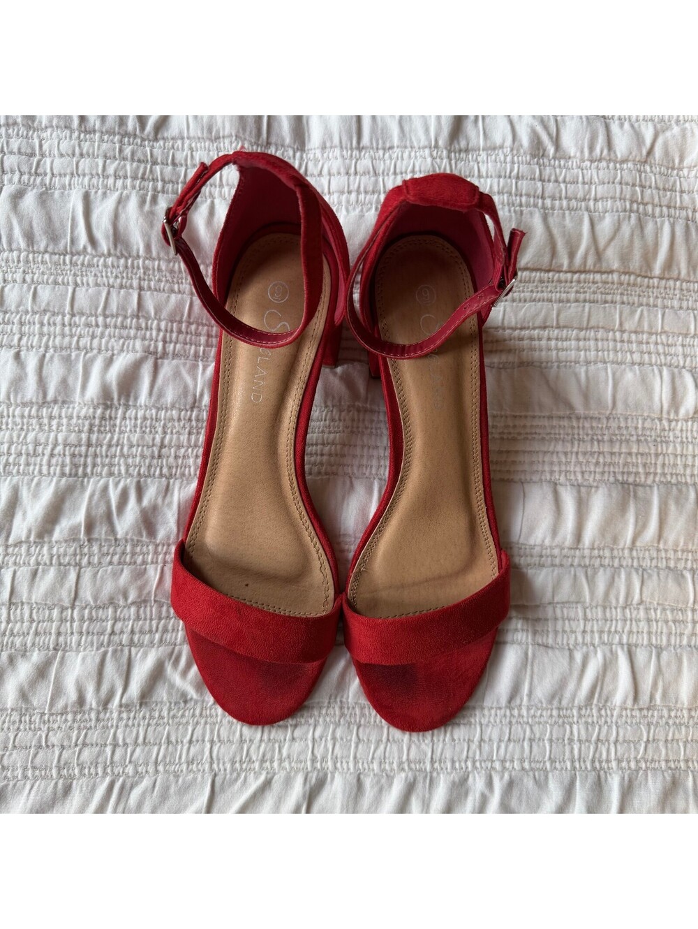 City Classified Red Faux Suede Ankle Strap Block Heel Sandals Size 9
